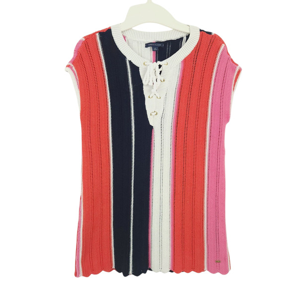 Tommy Hilfiger Summer Sweater Small Short Sleeve Stripes, Tie Front, 100% cotton - Picture 1 of 4